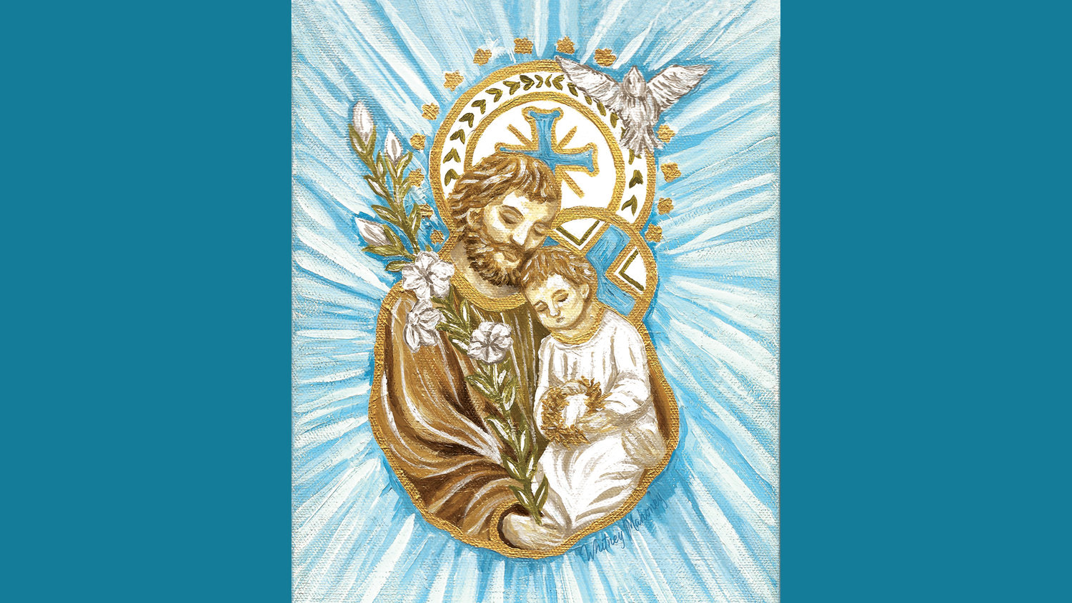 Artist Whitney Maloney painted this original image of St. Joseph and the child Jesus for a prayer card for the Year of St. Joseph.